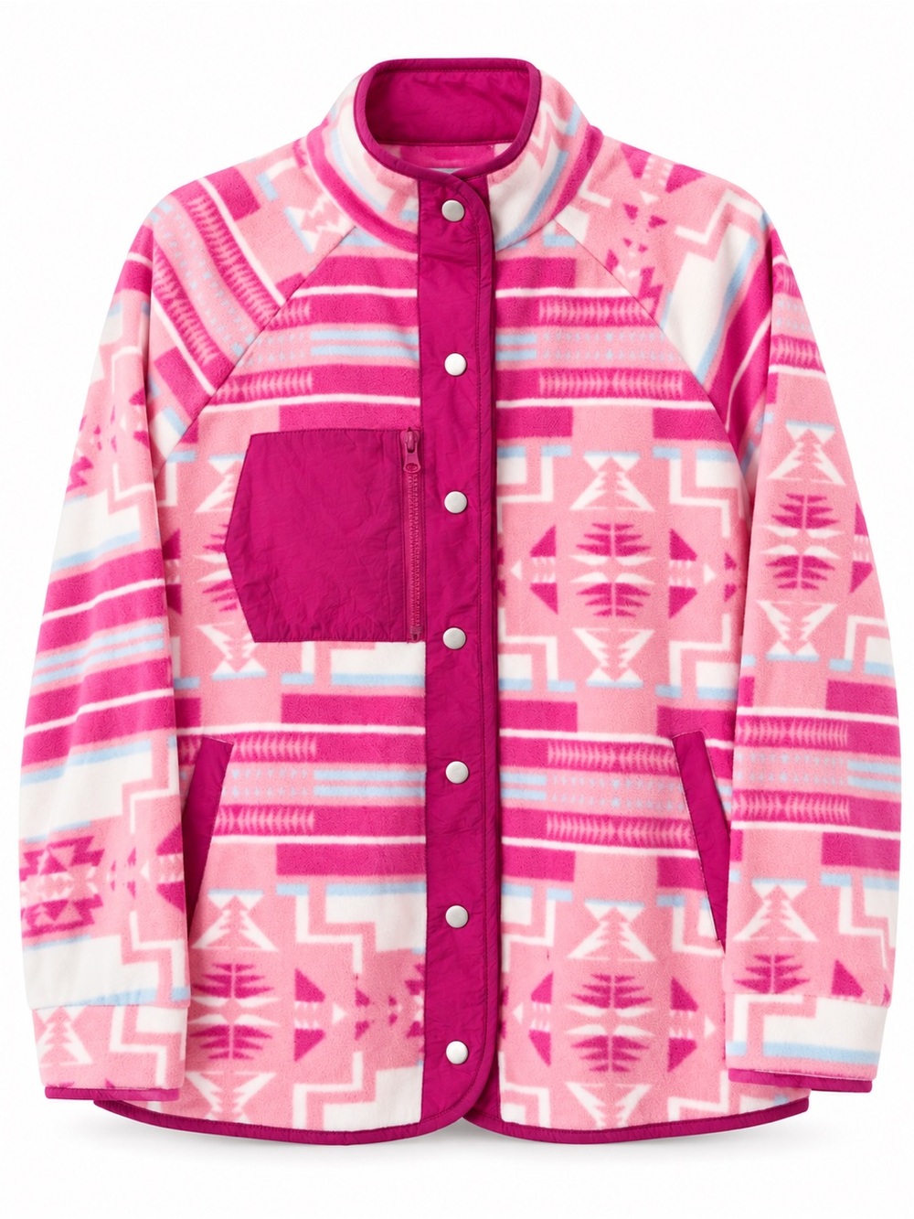 New blue b Fuchsia Hot Light Pink White Aztec Light Fleece Snap Up Comfy Jacket